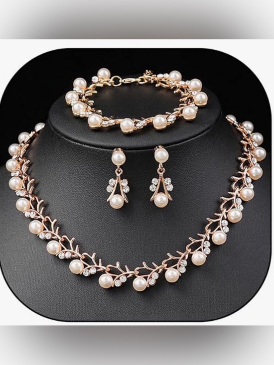 Jewelry - Elegant Pearl and Rose Gold Branch Necklace Set - Women Jewelry